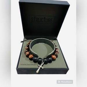 Structure men’s stainless steel beaded tigers eye bracelet NWOT